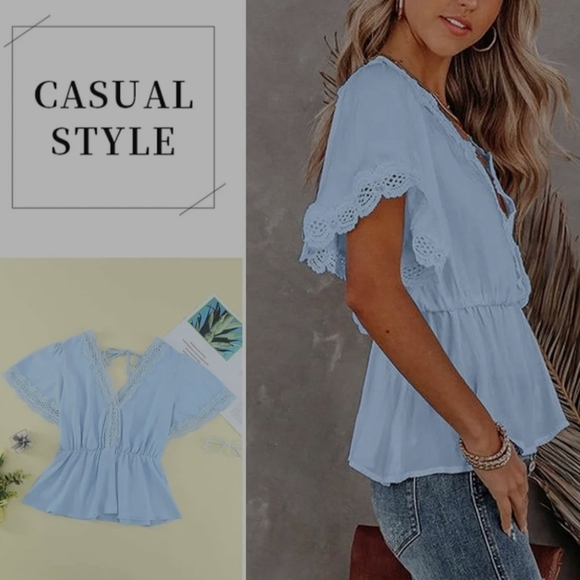 New! SKY blue lace splicing  v-neck & short  sleeves - Picture 7 of 9